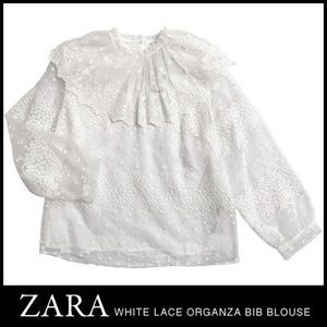 Zara White Lace Organza Bib Blouse Size S